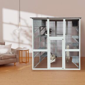 ROOMTEC حاوية قطط خشبية مقاس 71 بوصة في الهواء الطلق مع منزلين للقيلولة، منزل كيتي فاخر مع 8 منصات للقفز وسقف أسفلت مقاوم للطقس، مأوى للسكن في بيت كيتي in Kuwait