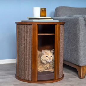 THE REFINED FELINE Purrrrfect End Table Cat Bed Cave in Black Espresso, Multipurpose Wood Cat Furniture Nightstand, Easy to Clean Covered Cat Bed with Replaceable Scratching Post & Washable Cushion
