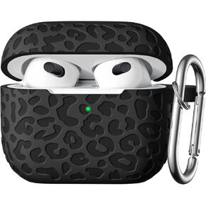 for AirPod Case 3rd Generation Cover with Keychain Accessories,Leropard Engraved Skin Soft Cover for Apple AirPod 3rd Generation CaseFull Protection,Front LED Visible,Black