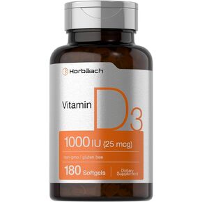 Vitamin D3 1000IU Softgels (25mcg) | 180 Count | Non-GMO, Gluten Free Supplement | by Horbaach