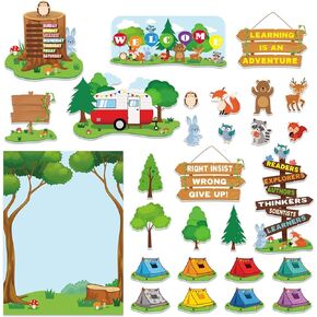 Fainne 68 Pcs Woodland Bulletin Board Set Camping Bulletin Board Decorations Jungle Animal Tents Cutouts Camping Forest Theme Classroom Borders Welcome Sign for Back to School Home Teacher Supplies