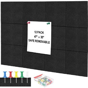 Cork Board Tiles Alternative - 12 Pack Felt Wall Tiles with Removable Adhesive Tabs, Bulletin Boards for Walls Large Corkboard for Office Home School 47 x 35 inches (Black)