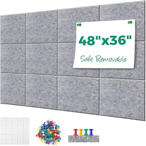 Large Cork Board Alternative - 11.8"x11.8"x0.35" 12 Pack Felt Wall Tiles Self-Adhesive Safe Removable Large Corkboard Bulletin Board Felt Cork Board for Walls Cork Board for Office 48 x 36-Light Gray