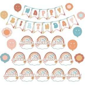 Groovy Happy Birthday Bulletin Board Set Decorations Retro Hippie Birthday Cutouts Boho Hippie Wall Decals Peace Sign Daisy Flower Boho Rainbow Paper-Cuts for Birthday Party Nursery Classroom Decor