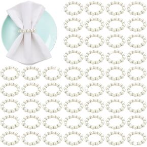 Uiifan 100 Pcs Pearl Napkin Rings Silver Napkin Ring Holder Imitation Beaded White Napkin Rings Elegant Rhinestone Serviette Rings Buckle for Formal Wedding Home Dinner Party Supplies