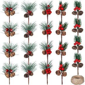 20 Pieces Artificial Pine Picks Christmas Simulation Pine Needle Red Berry with Pine Cones Assorted Pine Branches with Rope for Flower Arrangements Wreaths Wedding Xmas Decor (Snowflake Style)