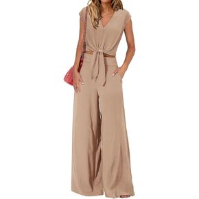 Adogirl Women's Summer 2 Piece Outfits - V Neck Cap Sleeve Strappy Crop Top + Wide Leg Pant Sets Casual Tracksuit Lounge Wear