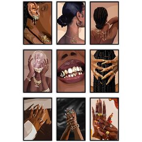 VejiA Black female art printing, bohemian style wall painting, abstract African American female decorative painting, suitable for home bedroom beauty poster (Unframed 01, 8x12)