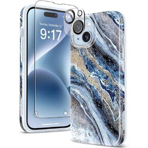 GVIEWIN Marble for iPhone 15 Case, with Screen Protector & Camera Lens Protector, [10FT Military Grade Drop Protection] Slim TPU Phone Case Cover Women for iPhone 15 6.1" 2023 (Flowing Sakura/Pink)