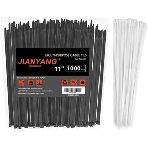 11 Inch Zip Ties (Bulk 1000 Pack Black & 100 Pack White),Heavy Duty Cable Wire Ties 50lbs Tensile Strength with Self-Locking Adjustable Durable Nylon Tie Wraps for Indoor Outdoor (10 Pack Mount)