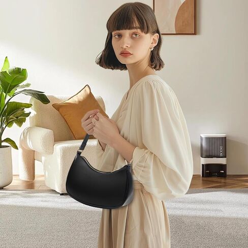 OPPOSHE Black Soft PU Leather Crescent Shoulder Bag for Women, Small Purses with Zipper Closure, Retro Classic Tote HandBag Shoulder Bags Clutch Purse in Kuwait