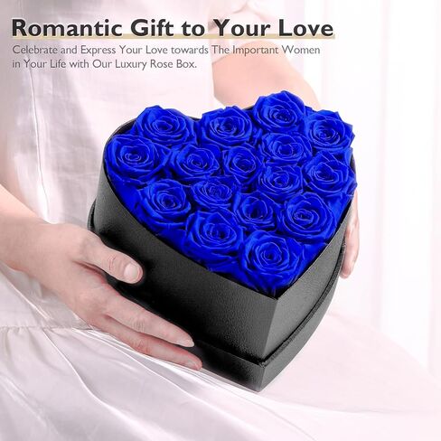 زهور إترفيلد إلى الأبد في صندوق على شكل قلب، ورود محفوظة تدوم لأكثر من عام، هدايا للأم والزوجة وعيد الحب وعيد الأم (صندوق أسود، 16 وردة زرقاء ملكية) in Kuwait