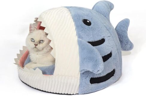 Jiupety Cute Soft Cat Bed, Indoor Shark-Shaped Warm Cat Cave with Removable Washable Pillow for Cat and Puppy Dog, Blue, L. in Saudi Arabia