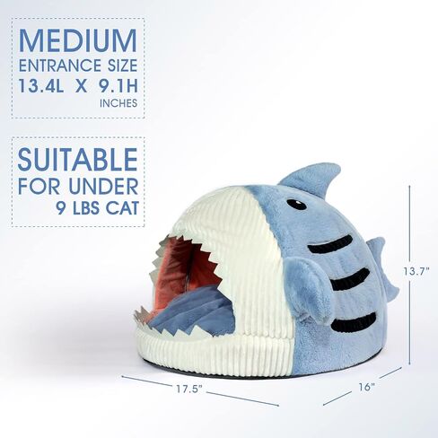 Jiupety Cute Soft Cat Bed, Indoor Shark-Shaped Warm Cat Cave with Removable Washable Pillow for Cat and Puppy Dog, Blue, L. in Saudi Arabia