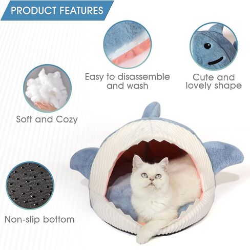 Jiupety Cute Soft Cat Bed, Indoor Shark-Shaped Warm Cat Cave with Removable Washable Pillow for Cat and Puppy Dog, Blue, L. in Saudi Arabia
