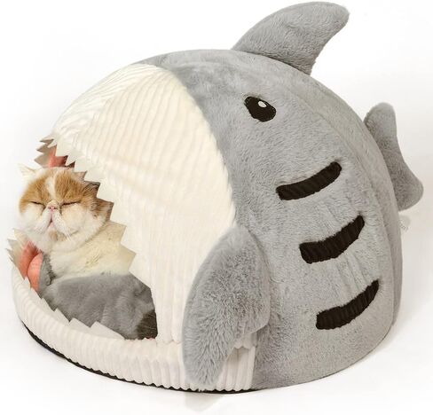 سرير قطط ناعم لطيف من Jiupety، كهف قطط دافئ داخلي على شكل سمكة قرش مع وسادة قابلة للإزالة وقابلة للغسل للقطط والجرو والكلاب، أزرق، L. in Kuwait