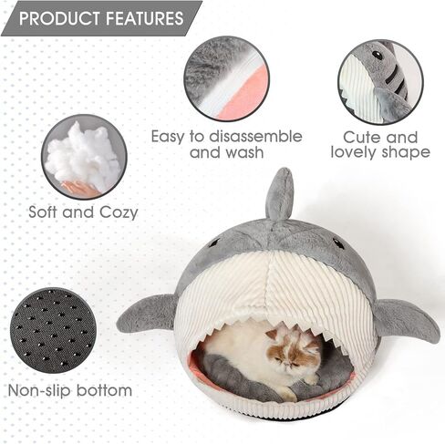 سرير قطط ناعم لطيف من Jiupety، كهف قطط دافئ داخلي على شكل سمكة قرش مع وسادة قابلة للإزالة وقابلة للغسل للقطط والجرو والكلاب، أزرق، L. in Kuwait