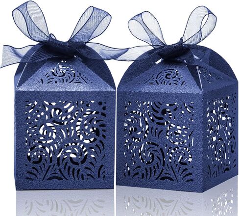 COTOPHER 100Pcs Laser Cut Favor Boxes, 2x2x2.75in Small Gift Boxes for Presents, Party Wedding Favors Boxes with Ribbon, Mini Candy Boxes for Event Bridal Shower Anniversary Birthday Christmas, Navy in Saudi Arabia