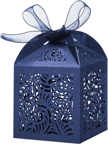 COTOPHER 100Pcs Laser Cut Favor Boxes, 2x2x2.75in Small Gift Boxes for Presents, Party Wedding Favors Boxes with Ribbon, Mini Candy Boxes for Event Bridal Shower Anniversary Birthday Christmas, Navy in Saudi Arabia