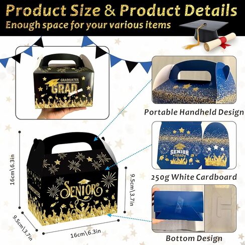 LANCU 24 قطعة من علب حلوى التخرج، صناديق حلوى التخرج بالجملة، صندوق هدايا لحفلات التخرج مع مقابض، علب هدايا باللون الأزرق والأسود لصندوق جودي الجملون فئة 2024 هدايا حفلات التخرج in Kuwait