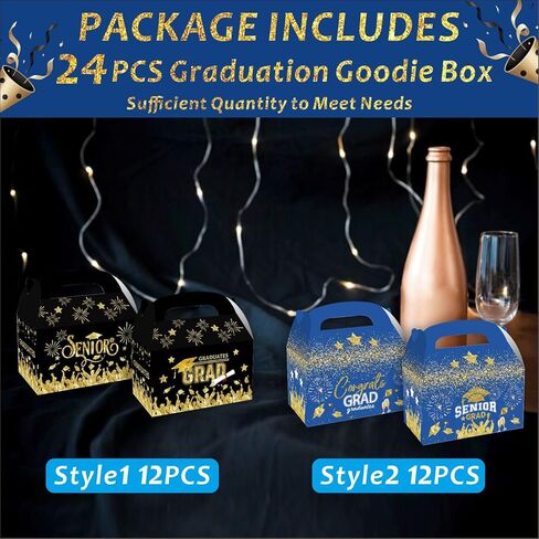 LANCU 24 قطعة من علب حلوى التخرج، صناديق حلوى التخرج بالجملة، صندوق هدايا لحفلات التخرج مع مقابض، علب هدايا باللون الأزرق والأسود لصندوق جودي الجملون فئة 2024 هدايا حفلات التخرج in Kuwait
