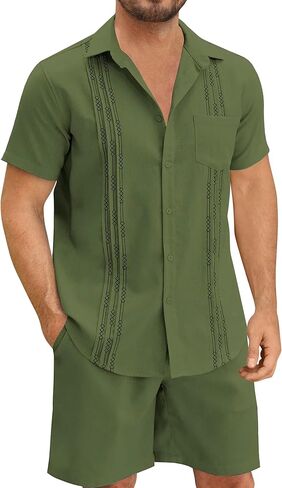 Hawalili الرجال الكتان مجموعات وتتسابق 2 قطعة قصيرة الأكمام القمصان الكوبية الصيف Guayabera الكتان الشاطئ عارضة دعوى in Kuwait