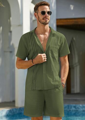 Hawalili الرجال الكتان مجموعات وتتسابق 2 قطعة قصيرة الأكمام القمصان الكوبية الصيف Guayabera الكتان الشاطئ عارضة دعوى in Kuwait