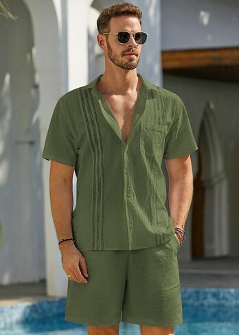 Hawalili الرجال الكتان مجموعات وتتسابق 2 قطعة قصيرة الأكمام القمصان الكوبية الصيف Guayabera الكتان الشاطئ عارضة دعوى in Kuwait
