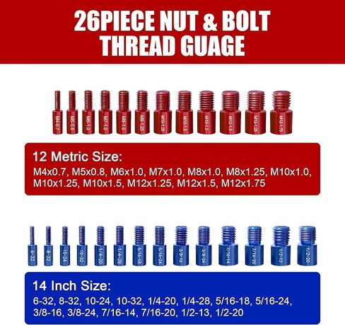 مدقق الخيط صامولة ومسمار - 26 حزمة مدقق الخيط صامولة ومسمار مدقق 26 مقياس معرف الخيط للذكور / الإناث - 14 بوصة و12 مقاسًا متريًا (أزرق وأحمر، 14 بوصة و12 متريًا) in Kuwait