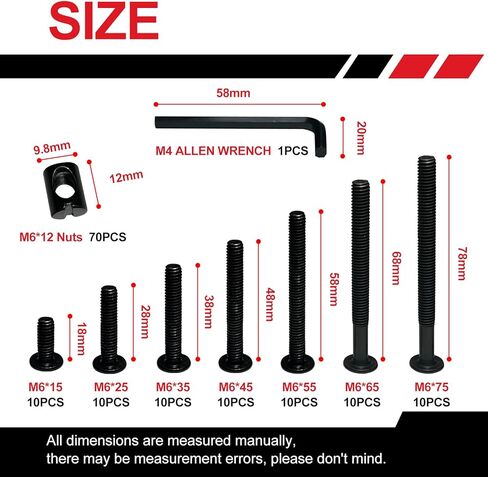مجموعة استبدال براغي سرير الأطفال من BRT Bearingshui، M6x15/25/35/45/55/65/75 مم، مجموعة متنوعة من مسامير وصواميل غطاء مقبس سداسي أسود مع مفتاح ألين لخزائن طاولات الكراسي والأثاث in Kuwait