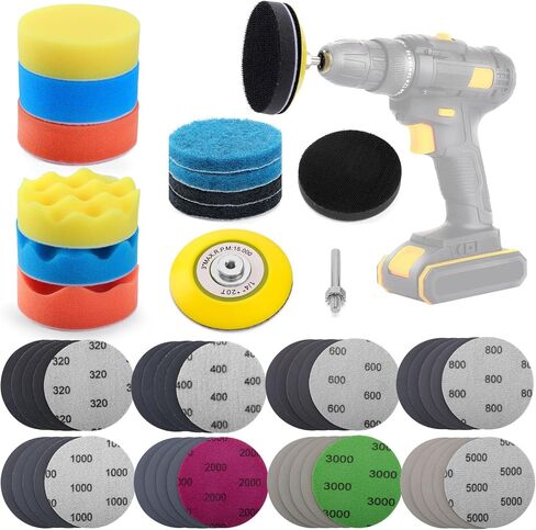 POLIWELL Car Headlight Restoration Kit, 3 Inch Car Polishing Sanding Discs Kit, 3 in Sandpaper Grit 320-5000 Headlights Sanding Sheets with 1/4" Shank Backing, Buffing Sponge Pads for Drill, 52 PCS in Saudi Arabia