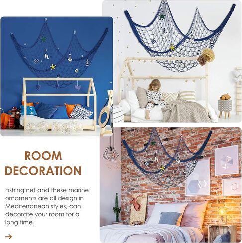 Decorative Fishnet Nautical Fishing Net Wall Hanging Decor, 8 Pieces Starfish, Sailboat, Lighthouse, Life Ring, Rudder, with Transparent Hook for Mermaid Mediterranean Party (Blue) in Saudi Arabia