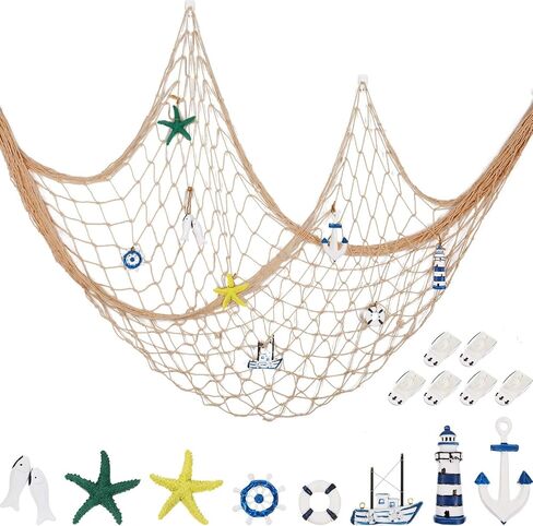 Decorative Fishnet Nautical Fishing Net Wall Hanging Decor, 8 Pieces Starfish, Sailboat, Lighthouse, Life Ring, Rudder, with Transparent Hook for Mermaid Mediterranean Party (Blue) in Saudi Arabia