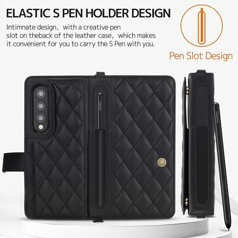 NINKI Compatible Samsung Galaxy Z Fold 3 Case Wallet with S Pen Holder for Women,4 Card Holder & Strap Flip Stand PU Leather Case for Samsung Z Fold 3 Case for Samsung Galaxy Z Fold 3 Phone Case Black in Kuwait