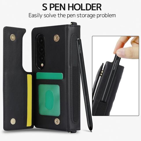 NINKI Compatible Samsung Galaxy Z Fold 3 Case Wallet with S Pen Holder for Women,4 Card Holder & Strap Flip Stand PU Leather Case for Samsung Z Fold 3 Case for Samsung Galaxy Z Fold 3 Phone Case Black in Kuwait