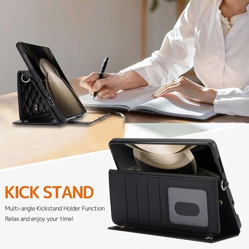 NINKI Compatible Samsung Galaxy Z Fold 3 Case Wallet with S Pen Holder for Women,4 Card Holder & Strap Flip Stand PU Leather Case for Samsung Z Fold 3 Case for Samsung Galaxy Z Fold 3 Phone Case Black in Kuwait