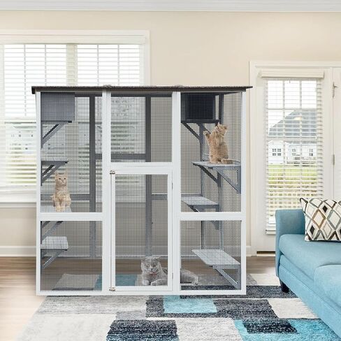 ROOMTEC حاوية قطط خشبية مقاس 71 بوصة في الهواء الطلق مع منزلين للقيلولة، منزل كيتي فاخر مع 8 منصات للقفز وسقف أسفلت مقاوم للطقس، مأوى للسكن في بيت كيتي in Kuwait
