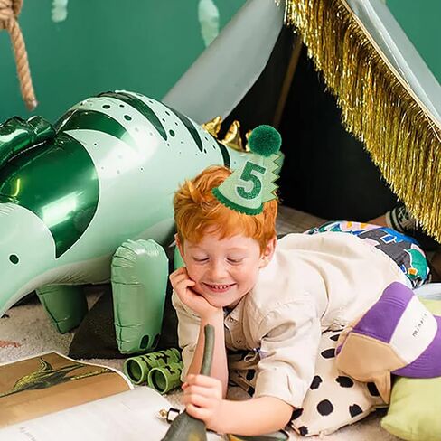 قبعة عيد ميلاد الديناصورات باللون الأخضر لعمر 5 سنوات، ديكورات قبعة عيد الميلاد للأطفال البنات والأولاد، مصنوعة يدويًا، قبعة طبيعية لحفلات أعياد الميلاد الأولى in Kuwait