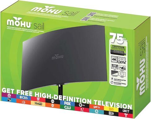 هوائي تلفزيون Mohu Sail Amplified داخلي وخارجي، نطاق 75 ميل، UHF VHF، متعدد الاتجاهات، 4K 8K UHD، تلفزيون NEXTGEN - مع صاري 20 بوصة، كابل 30 قدمًا (أسود) in Kuwait