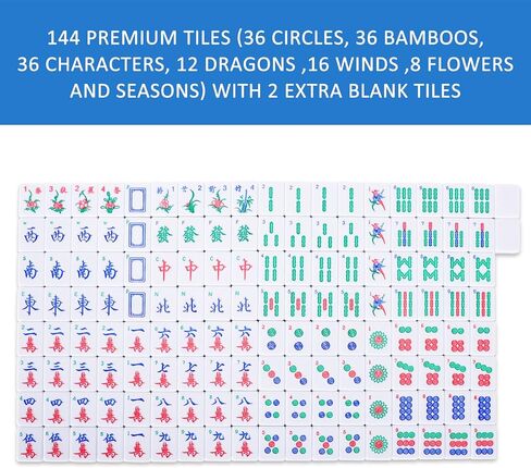 مجموعة ماجونغ الصينية، مجموعة ألعاب ماهجونغ الاحترافية، مجموعة ماه جونغ التقليدية الكاملة مع 146 بلاطة مرقمة كبيرة (1.5 بوصة، أزرق)، حقيبة حمل كلاسيكية وتعليمات (ماجيانغ، ما جونغ، ماج جونغ) in Kuwait