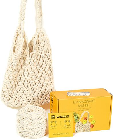 مجموعة Ganxxet Macrame للمبتدئين، مجموعة حقيبة سوق Macrame DIY مع سلك قطني 4 مم، شريط قياس، نمط وتعليم فيديو، مجموعة حقائب يد عصرية in Kuwait