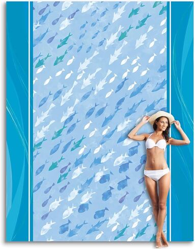 بطانية شاطئ ناعمة مضاءة بنور الشمس مقاس 106 بوصة × 81 بوصة مقاومة للرمل، حصيرة شاطئ خالية من الرمال مع جيب زاوية وحقيبة شبكية لحفلات الشاطئ والسفر والتخييم ومهرجان الموسيقى في الهواء الطلق، صدف أزرق in Kuwait