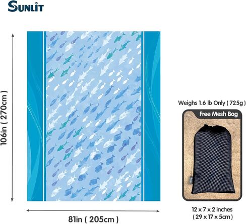 بطانية شاطئ ناعمة مضاءة بنور الشمس مقاس 106 بوصة × 81 بوصة مقاومة للرمل، حصيرة شاطئ خالية من الرمال مع جيب زاوية وحقيبة شبكية لحفلات الشاطئ والسفر والتخييم ومهرجان الموسيقى في الهواء الطلق، صدف أزرق in Kuwait
