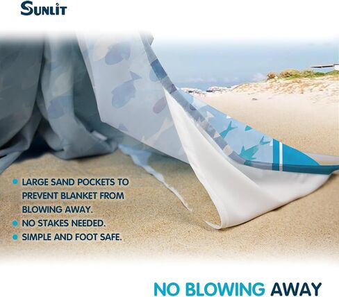 بطانية شاطئ ناعمة مضاءة بنور الشمس مقاس 106 بوصة × 81 بوصة مقاومة للرمل، حصيرة شاطئ خالية من الرمال مع جيب زاوية وحقيبة شبكية لحفلات الشاطئ والسفر والتخييم ومهرجان الموسيقى في الهواء الطلق، صدف أزرق in Kuwait