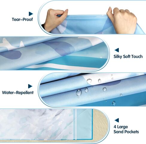 بطانية شاطئ ناعمة مضاءة بنور الشمس مقاس 106 بوصة × 81 بوصة مقاومة للرمل، حصيرة شاطئ خالية من الرمال مع جيب زاوية وحقيبة شبكية لحفلات الشاطئ والسفر والتخييم ومهرجان الموسيقى في الهواء الطلق، صدف أزرق in Kuwait