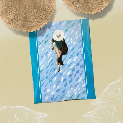 بطانية شاطئ ناعمة مضاءة بنور الشمس مقاس 106 بوصة × 81 بوصة مقاومة للرمل، حصيرة شاطئ خالية من الرمال مع جيب زاوية وحقيبة شبكية لحفلات الشاطئ والسفر والتخييم ومهرجان الموسيقى في الهواء الطلق، صدف أزرق in Kuwait