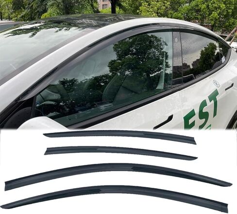 4 قطع من عاكس الرياح للنافذة الأمامية والخلفية الأصلية، مجموعات حماية من المطر للشمس على شكل تركيب خارجي، شريط متين على أقنعة النافذة مناسب لطراز Tesla Y 2020-2023 Model Y in Kuwait