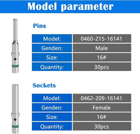 30 Pairs Deutsch Pins Contact Size 16, DT Connector/Terminal Kit, 30PCS 0460-215-16141 Male Pins and 30PCS 0462-209-16141 Female Sockets for 14-20 AWG Wire Gauge Q-O-064-MF in Saudi Arabia