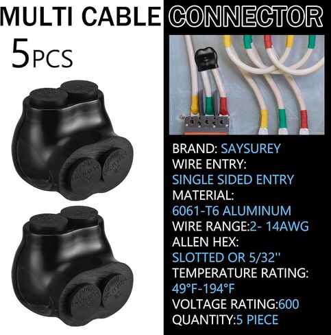 5 Pcs Insulated Multi Cable Connectors 2 Port Single Entry Splice Electrical Power Connector Black Interconnect Terminals Pre Filled Wire Connectors (4-14 AWG Wire Range) in Saudi Arabia
