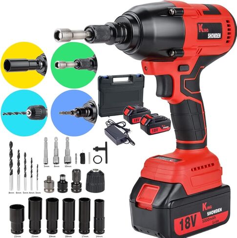 طقم مفتاح ربط لا سلكي 18 فولت، مفك كهربائي بدون فرشاة مقاس 1/2 بوصة 3200 دورة في الدقيقة وعزم دوران أقصى 1500 نيوتن متر، قطعتان من البطاريات، شاحن سريع، 6 مقابس in Kuwait